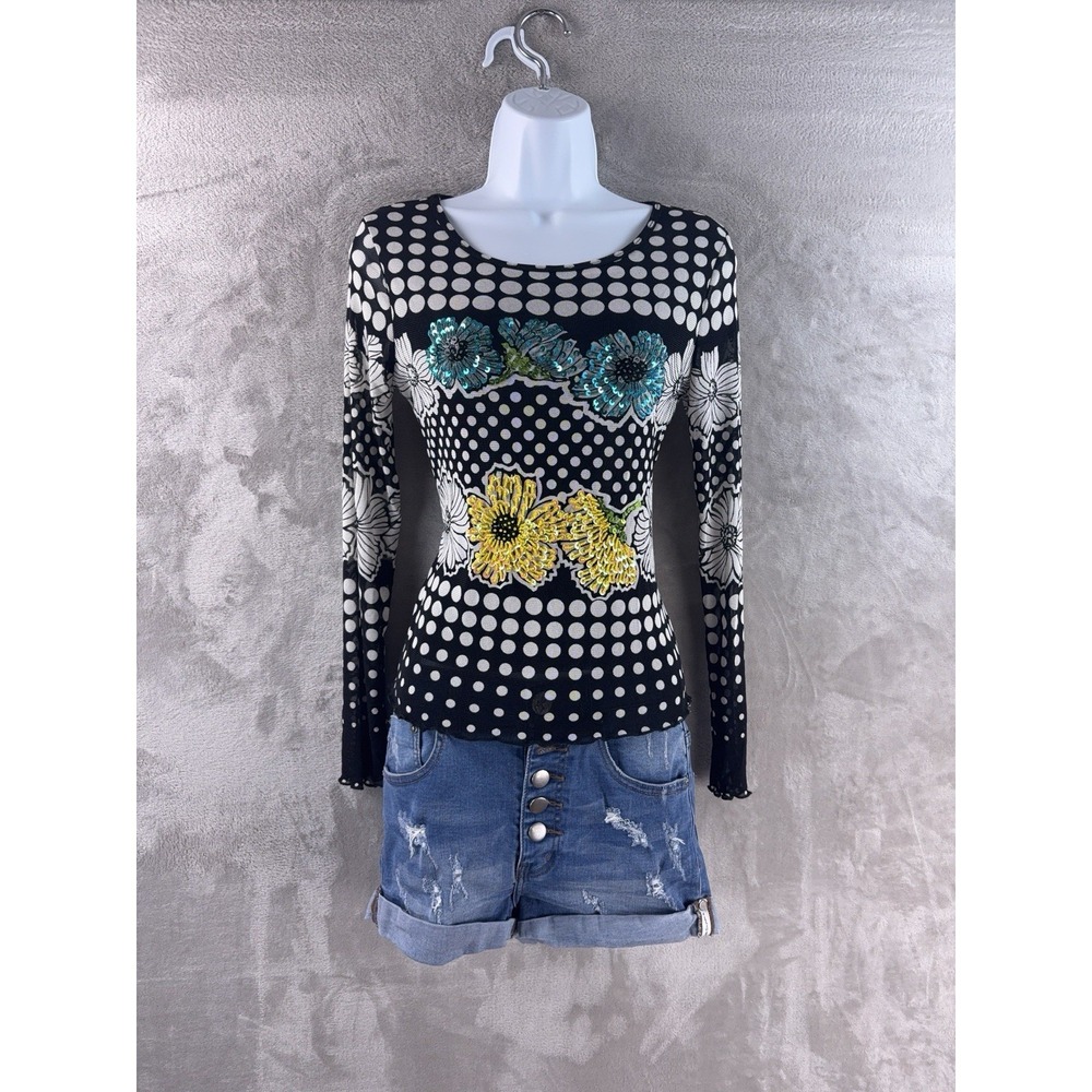 CACHE‎ Mesh Blouse Womens Size Small Black White Polka Dot Sequin Floral Y2K